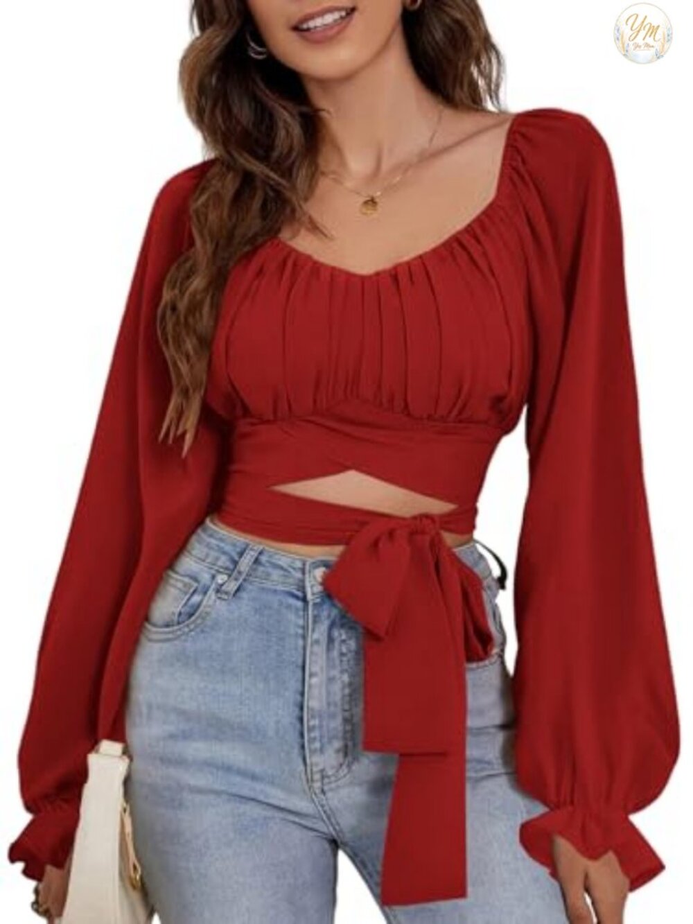 Women's Ruched Wrap Self Tie Crop Top Puff Long Sleeve Blouse
